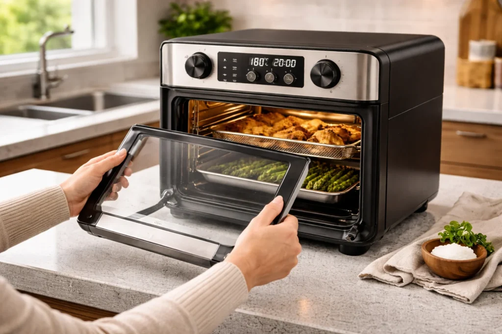 Mão higienizando a porta de vidro removível de uma air fryer oven.