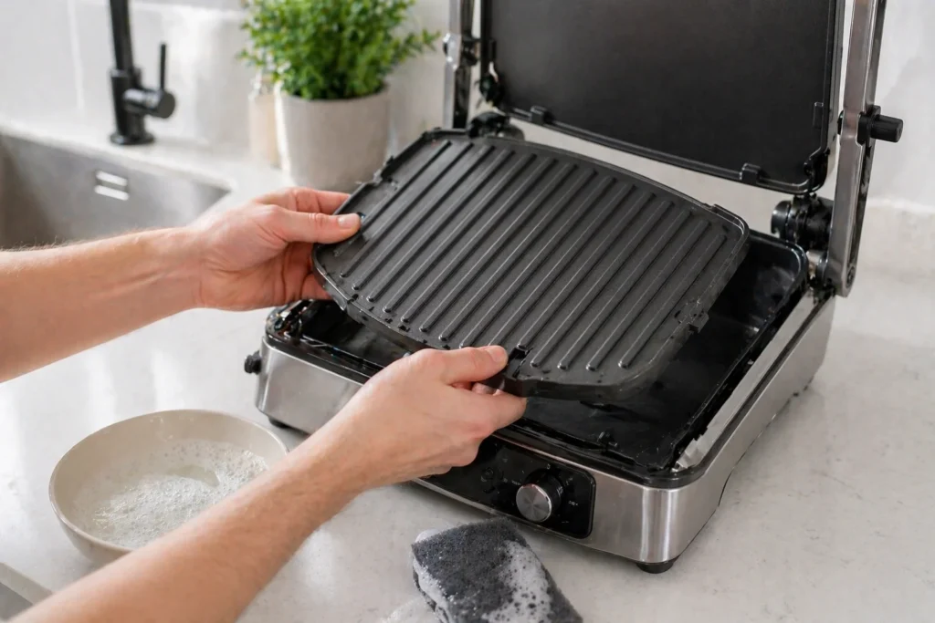 Mão removendo facilmente a chapa cerâmica de um grill elétrico para lavar, destacando a praticidade.