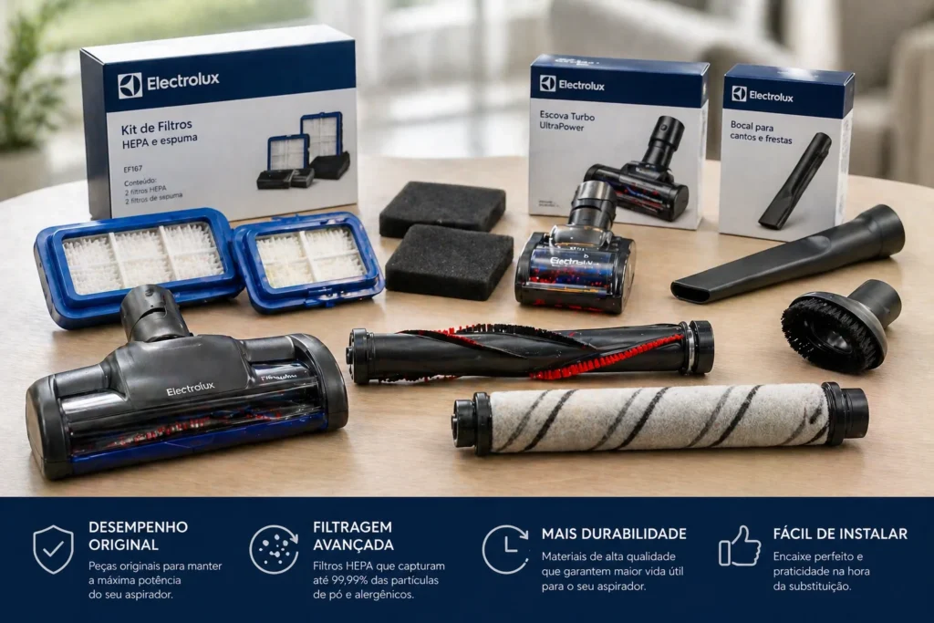 Uma bancada organizada com filtros HEPA novos, bocais e escovas para reposição Electrolux.