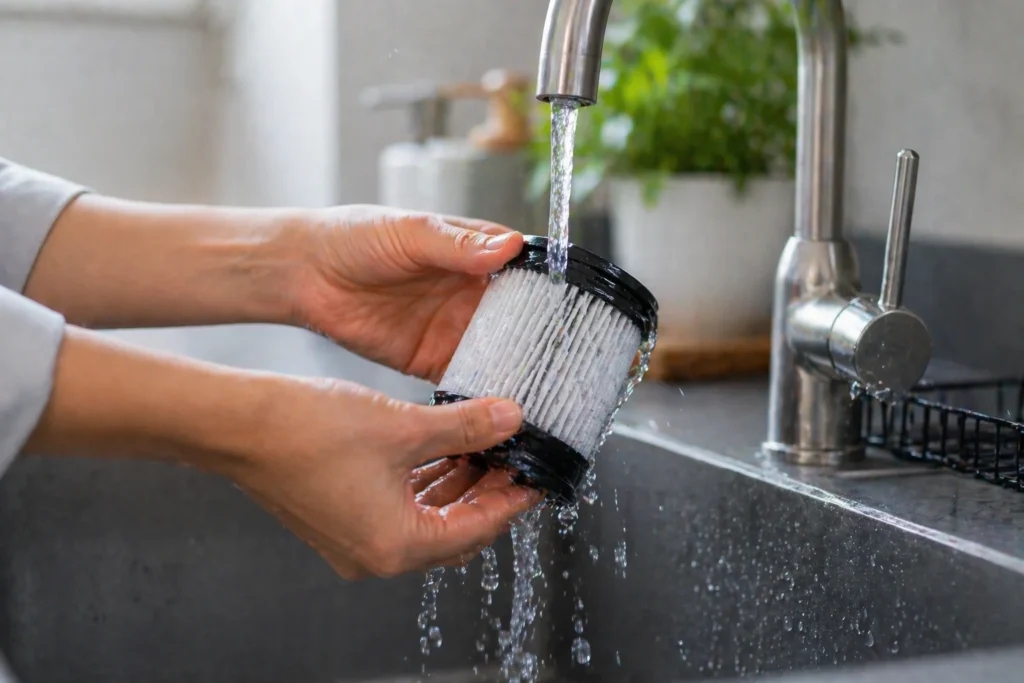 Pessoa lavando o filtro de um aspirador de pó em água corrente.