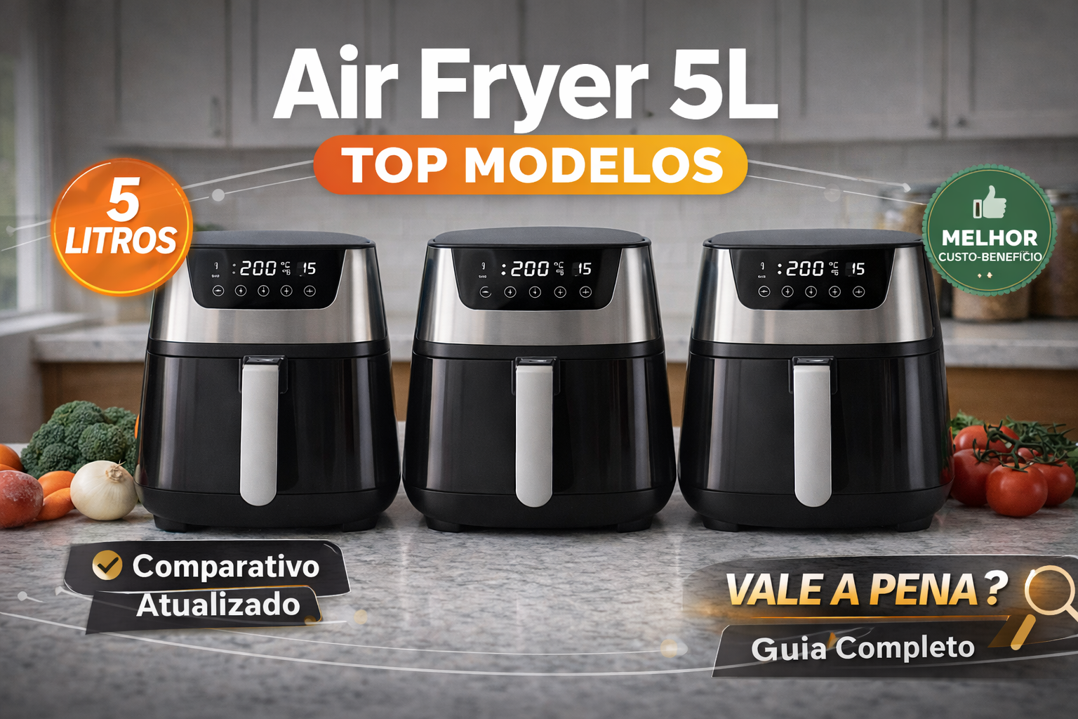 Melhor air fryer 5 litros sobre bancada de cozinha moderna