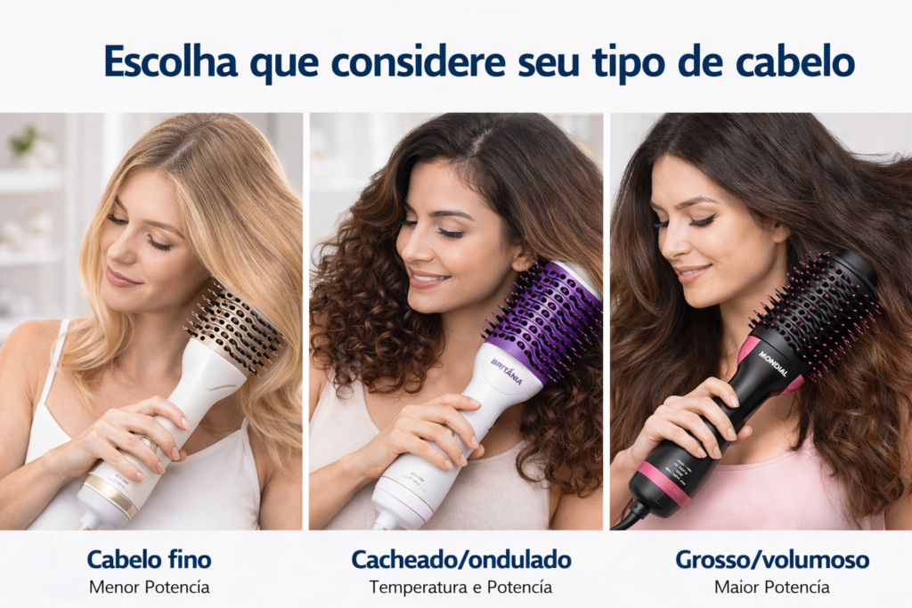 Comparação visual entre tipos de cabelo e escovas secadoras para ajudar na escolha do modelo ideal