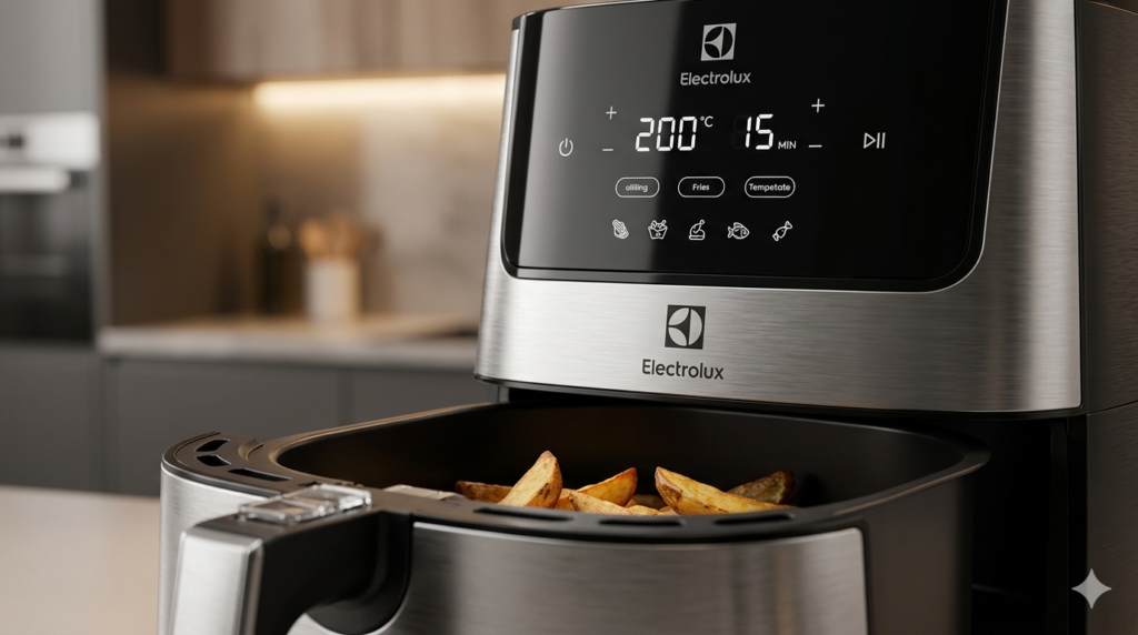 Painel e cesto de air fryer Electrolux em close mostrando acabamento e detalhes