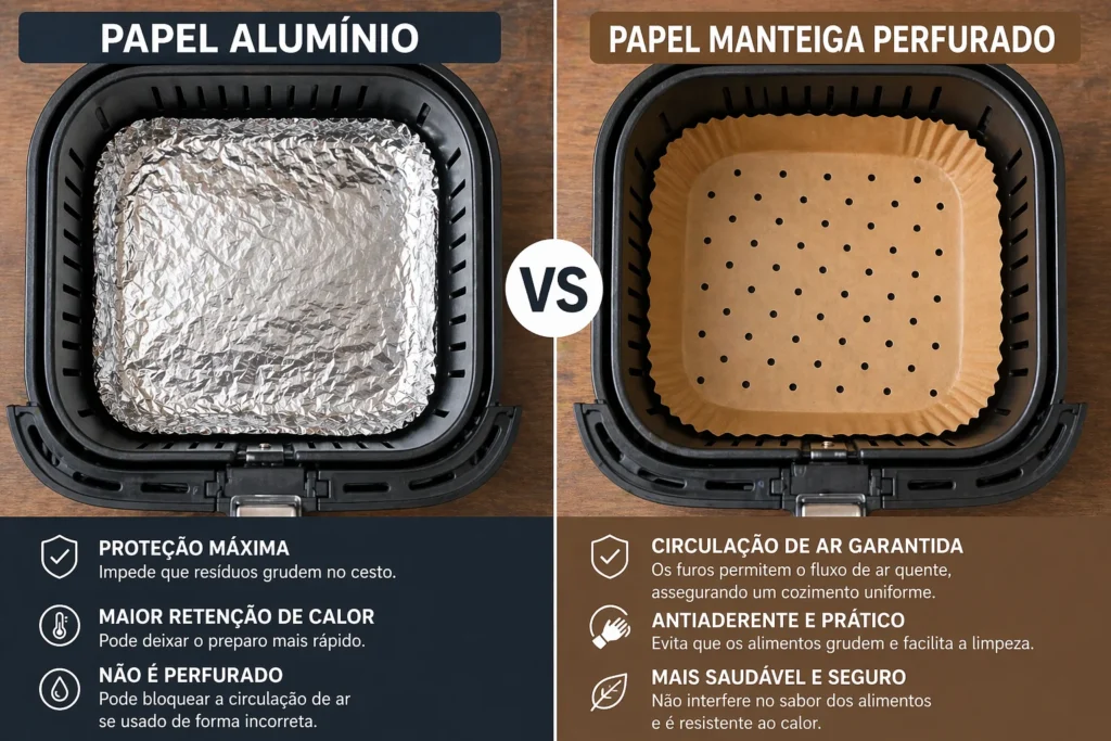 Comparativo visual entre uma base de papel alumínio e um forro de papel manteiga perfurado para air fryer.