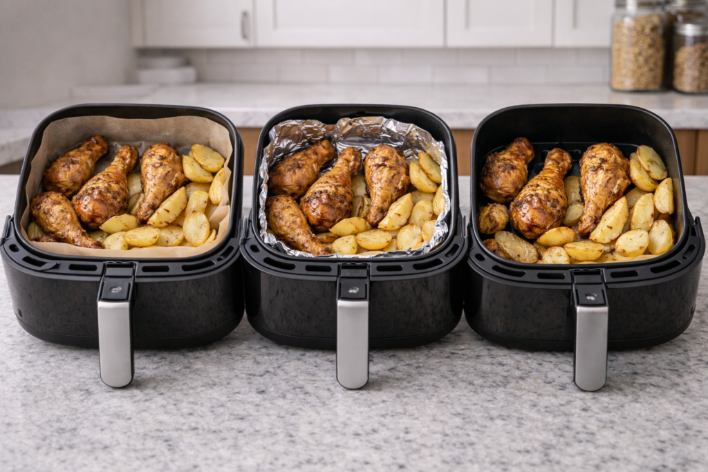 Você pode colocar papel manteiga na air fryer, ou papel aluminío e também colocar o alimento diretamente no cesto.
