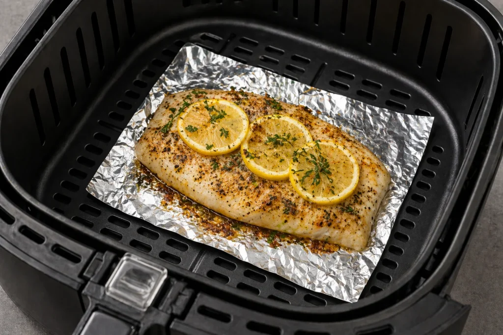 Filé de peixe temperado com ervas sobre uma pequena base de papel alumínio no centro do cesto da air fryer.