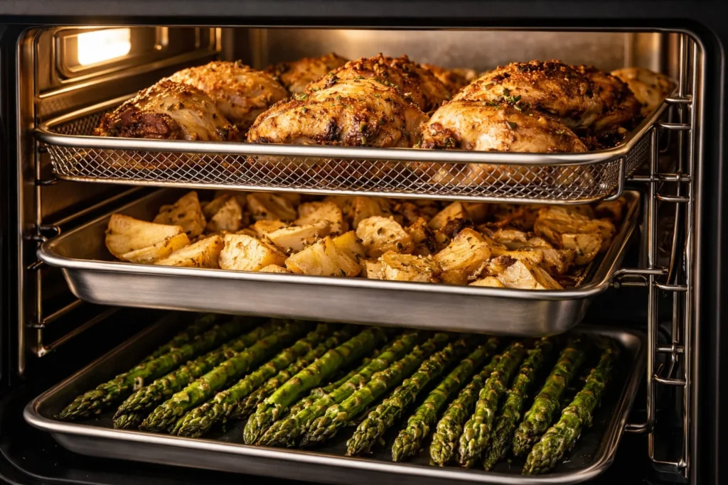 Três níveis de bandejas dentro da Air Fryer Oven com diferentes alimentos sendo preparados.