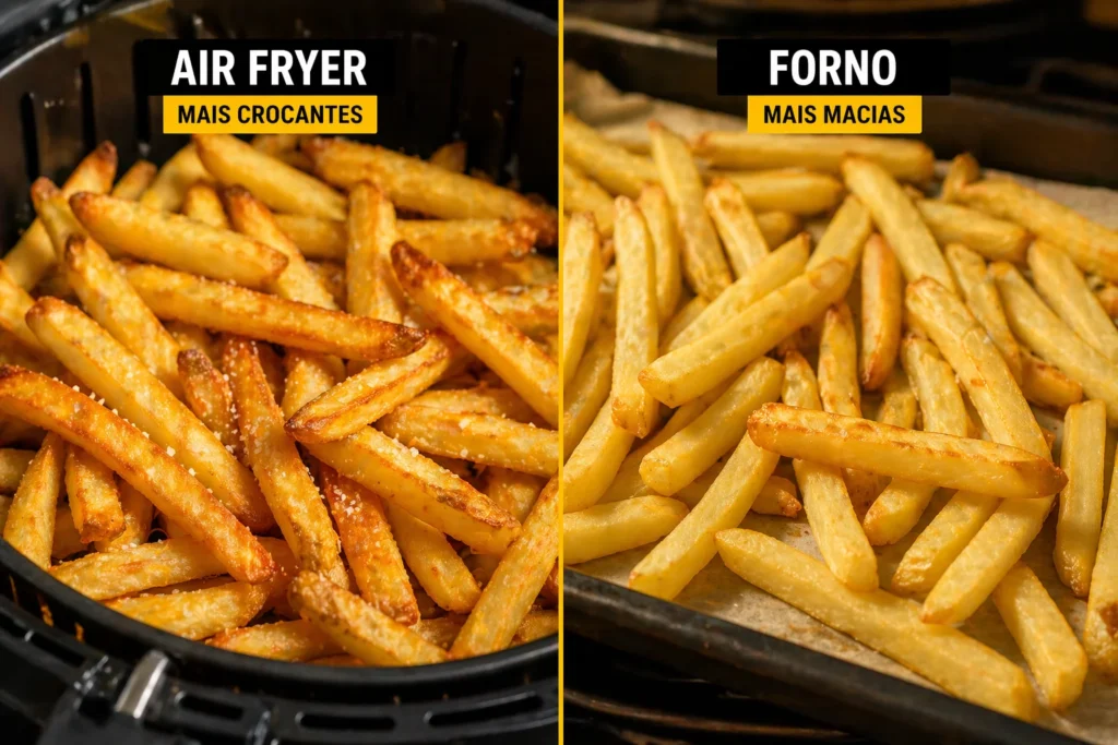 Comparação visual de batatas fritas feitas na air fryer vs forno elétrico.