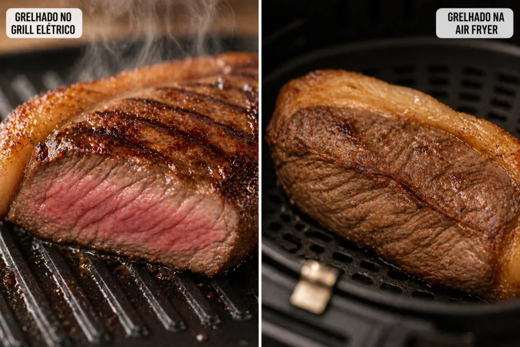 Comparativo visual de um bife grelhado no grill elétrico e um na air fryer para mostrar suculência.