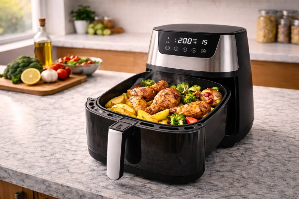 air fryer sendo usada com alimentos bem distribuídos no cesto