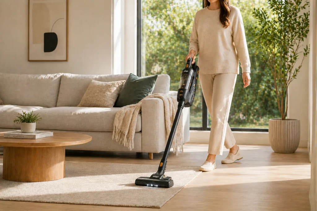 Pessoa utilizando um aspirador vertical sem fio em uma sala iluminada, sem cabos pelo chão. Vale a pena aspirador sem fio