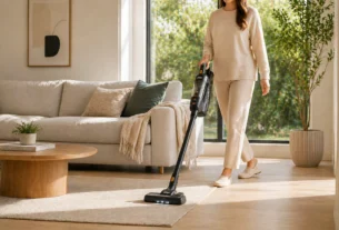 Pessoa utilizando um aspirador vertical sem fio em uma sala iluminada, sem cabos pelo chão. Vale a pena aspirador sem fio