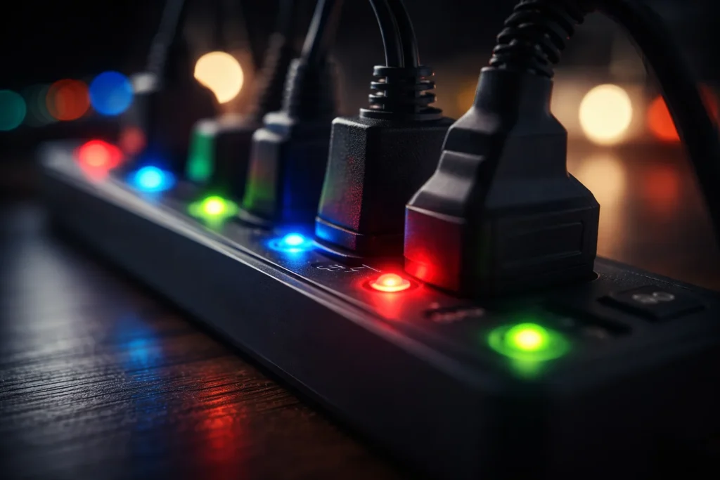 Closeup de luzes de standby revelando qual eletrodoméstico gasta mais energia em silêncio.