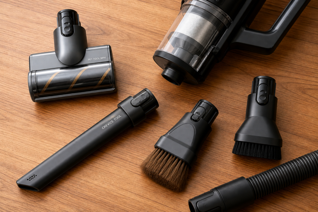 Kit de acessórios de um aspirador pet, incluindo mini escova turbo e bocal de fendas com pelos de gato.