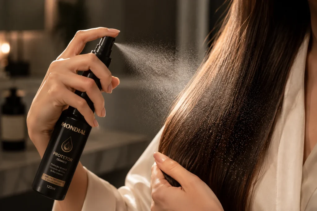 Mão borrifando protetor térmico em spray sobre uma mecha de cabelo antes de iniciar o processo de secagem.