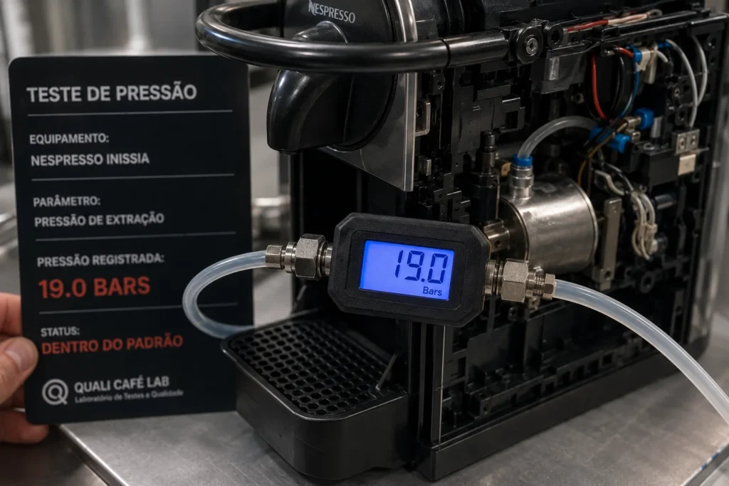 Manômetro digital de laboratório conectado ao fluxo de água interno para aferir a pressão exata de 19 Bars da Nespresso.