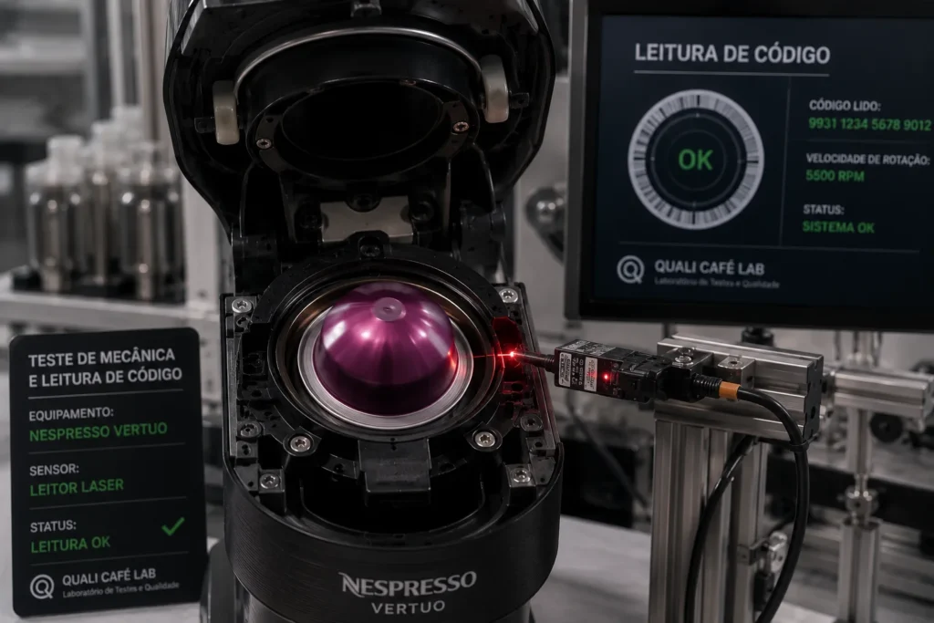 Teste mecânico real de laboratório exibindo uma cápsula da linha Vertuo rotacionando em alta velocidade dentro do leitor óptico exposto.