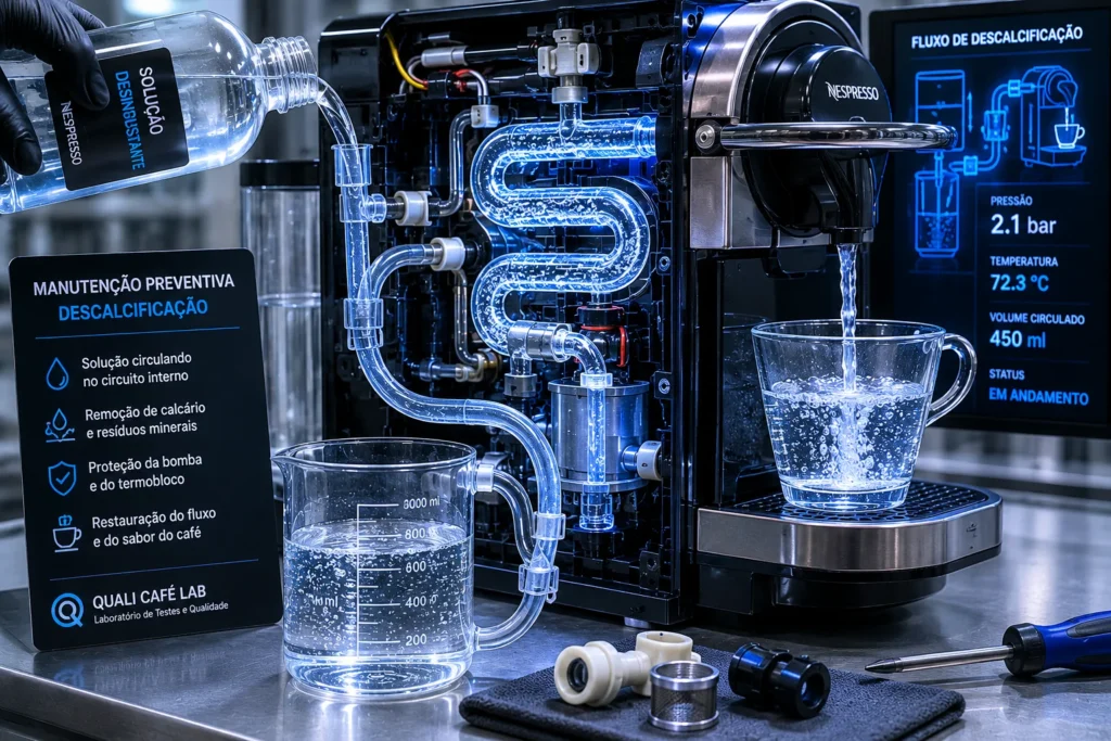 Demonstração técnica de laboratório mostrando o líquido de descalcificação limpando os dutos internos de uma Nespresso.