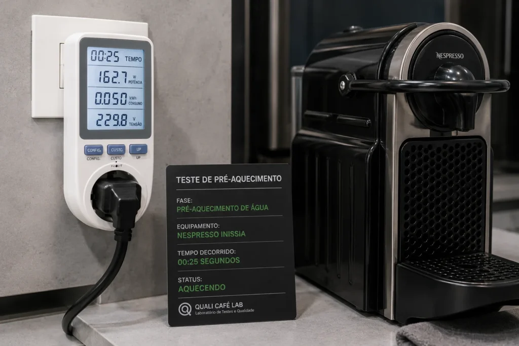 Analisador de energia digital conectado à tomada medindo o consumo em Watts da Nespresso durante o aquecimento inicial. Cafeteira Nespresso Vale a Pena