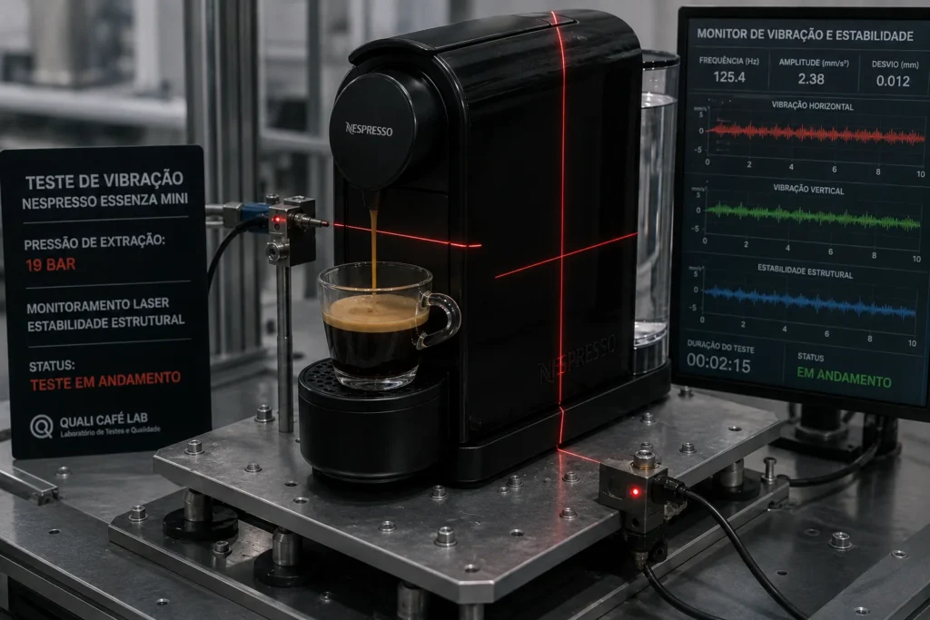 Teste real de laboratório medindo a estabilidade física e a vibração mecânica da Nespresso Essenza Mini durante a extração.