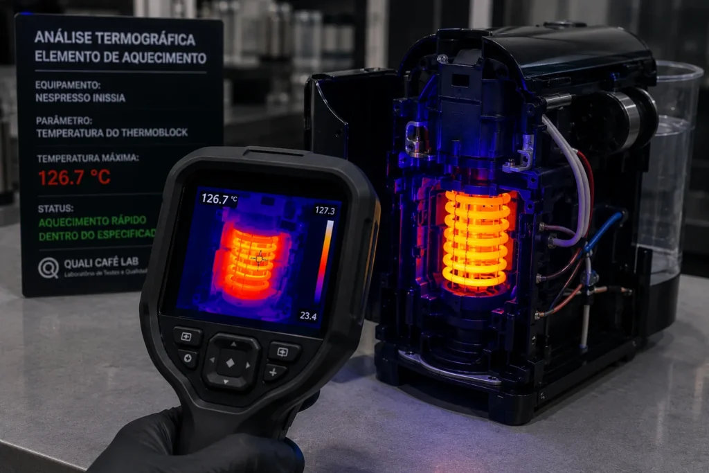 Imagem real capturada por câmera térmica exibindo a distribuição exata de calor no bloco Thermoblock durante o preparo do café.