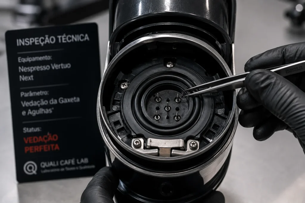 Técnico de laboratório medindo a estanqueidade e a vedação de borracha da agulha perfuradora da máquina de café.