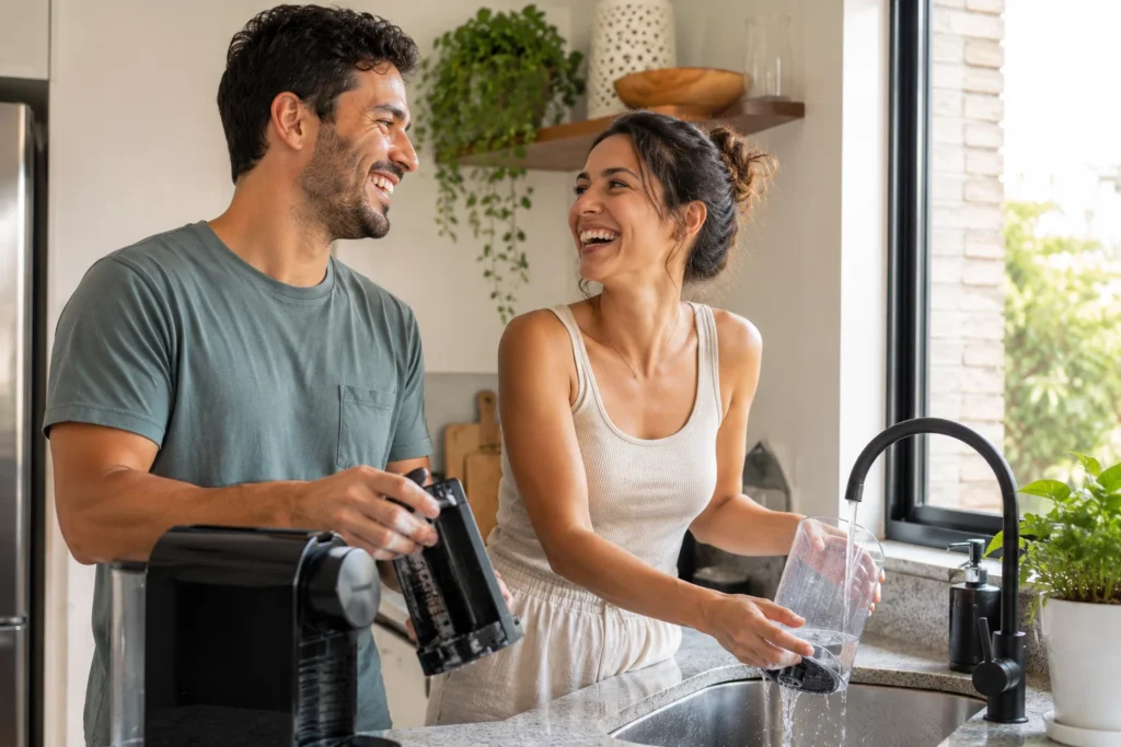 Um casal jovem rindo na cozinha enquanto limpam juntos os componentes removíveis de sua máquina de café sobre a pia.