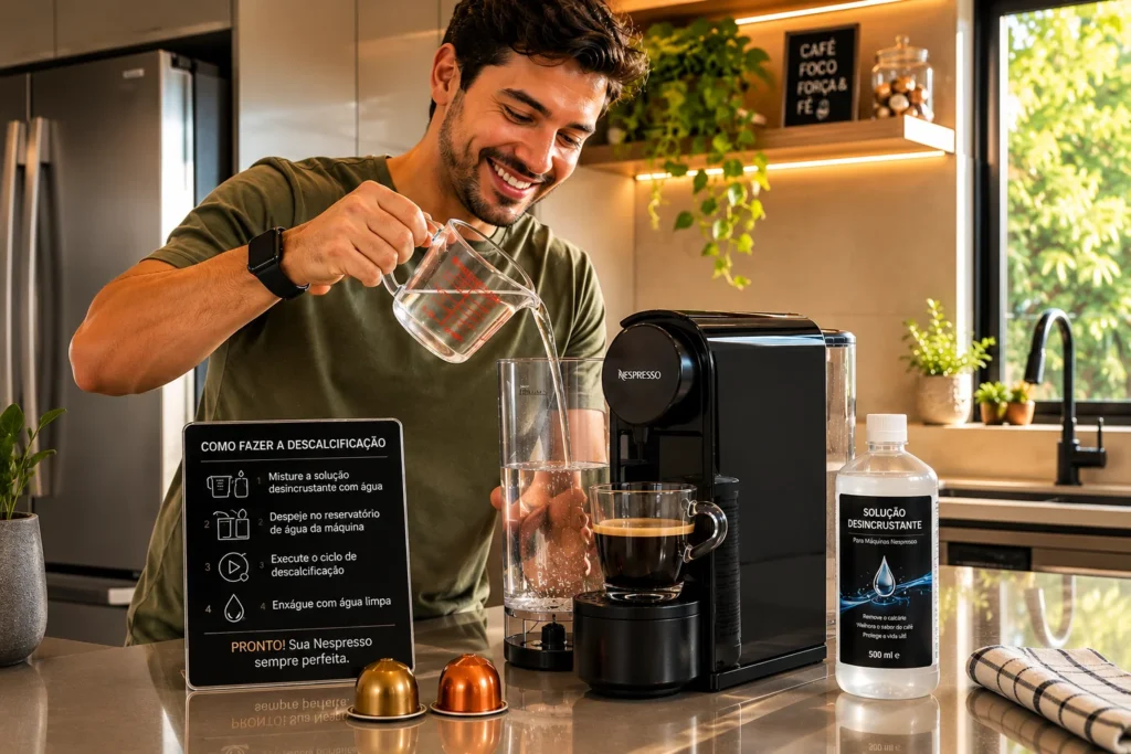 Um homem jovem em sua cozinha sorrindo enquanto despeja uma solução líquida no tanque de água de sua cafeteira de cápsulas. Como descalcificar cafeteira