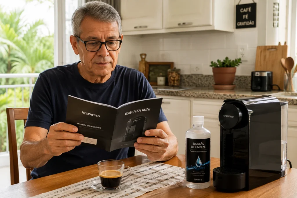 Um homem idoso lendo o manual de instruções com atenção ao lado de sua cafeteira em uma cozinha iluminada.