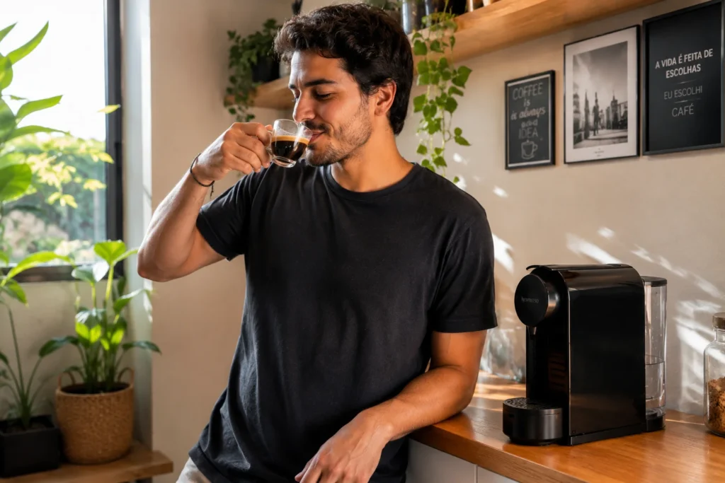 Um jovem na cozinha de seu apartamento bebendo um espresso perfeito de sua máquina recém-limpa.