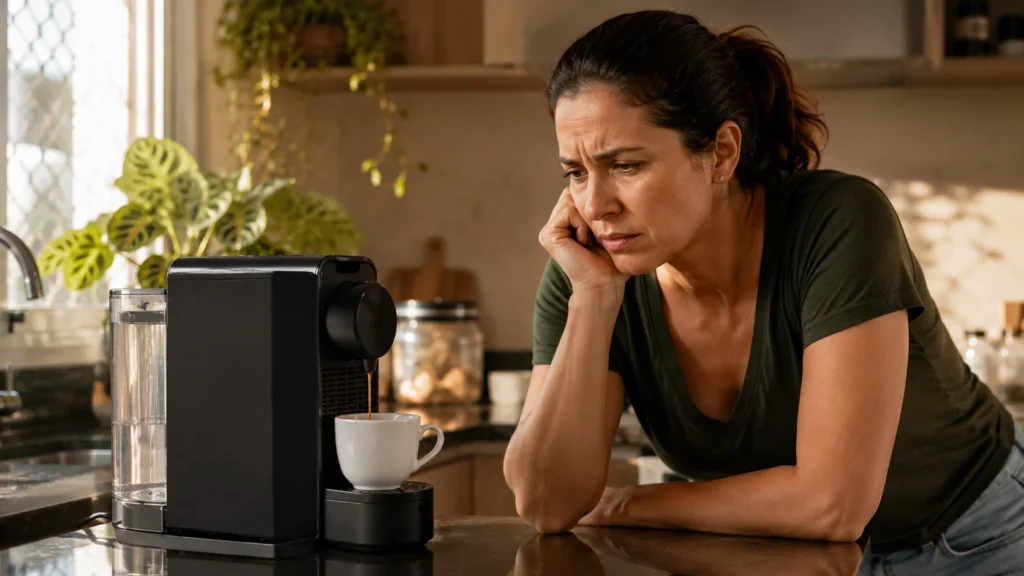 Uma mulher de meia-idade observando pensativa a sua cafeteira na cozinha enquanto o café goteja de forma lenta e fraca.