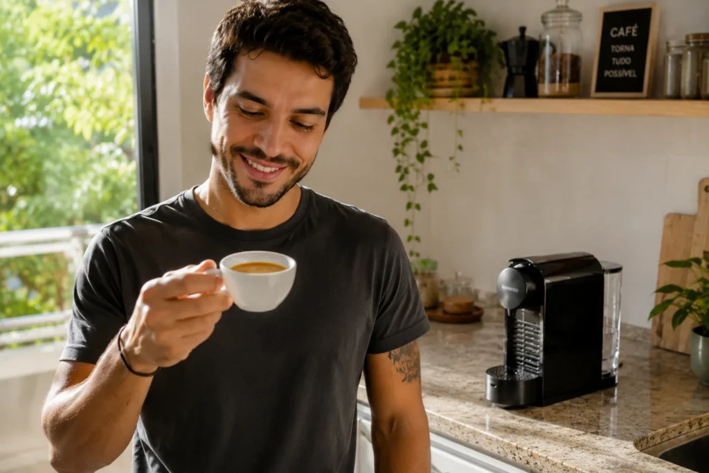 Um homem jovem em sua cozinha moderna segurando uma xícara de café perfeita e brilhante após limpar sua cafeteira.