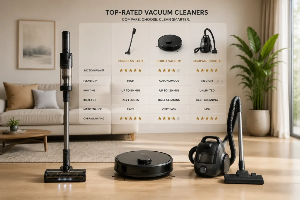 Três modelos diferentes dos melhores aspiradores para apartamento lado a lado em uma sala moderna.