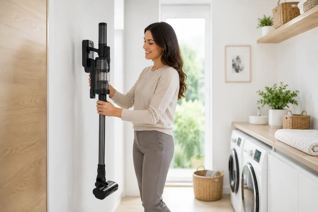 Uma pessoa sorridente guardando o melhor aspirador para apartamento em um suporte de parede discreto.