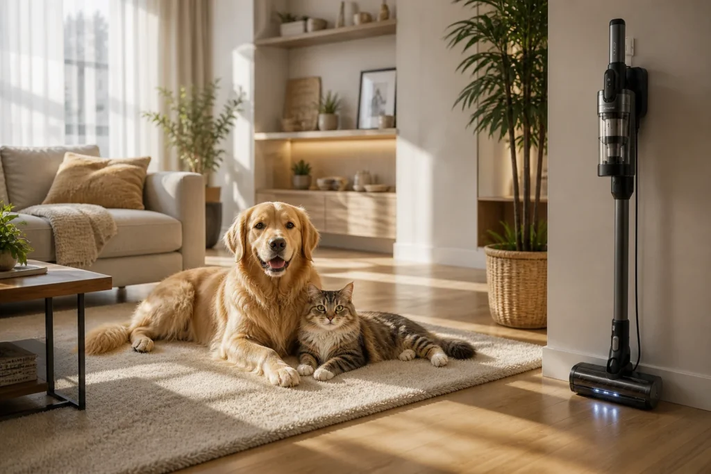 Uma sala de estar limpa e iluminada com um aspirador vertical e um pet descansando feliz ao lado.
