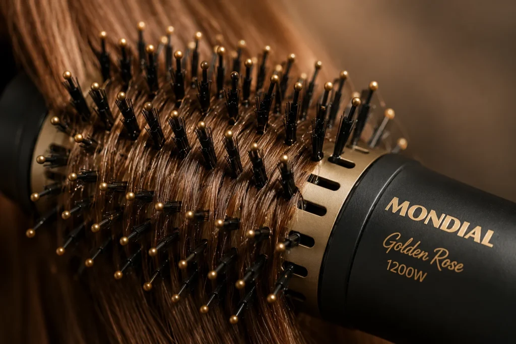 Close-up das cerdas mistas e pontas arredondadas de uma escova secadora Mondial em uma mecha de cabelo castanho.