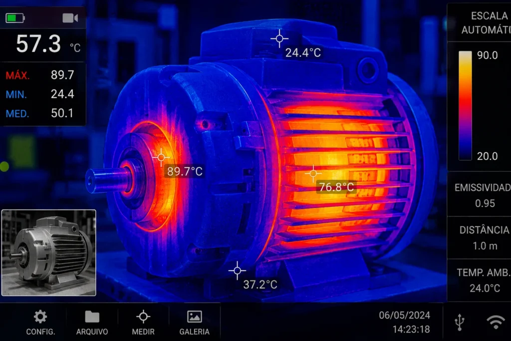 Imagem real em estilo câmera térmica exibindo o calor dissipado por um motor ineficiente durante o teste de arrasto.