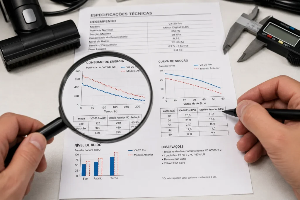 Visão aproximada de um especialista analisando a tabela técnica de um manual com uma lupa de laboratório durante um teste comparativo.