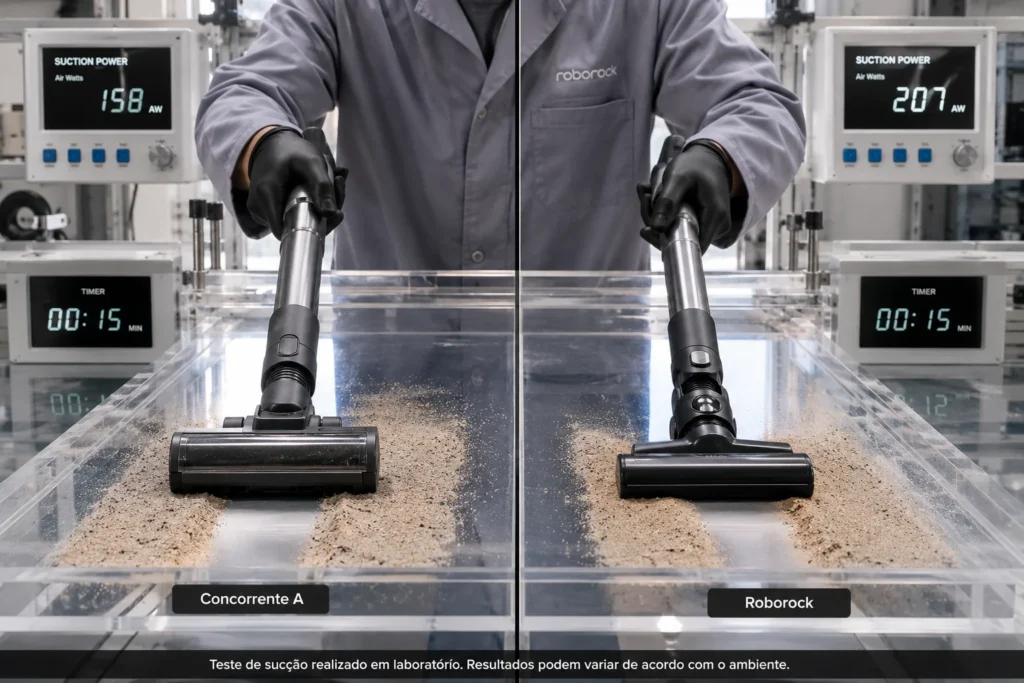  Foto de um teste real de laboratório comparando dois aspiradores em uma bancada de acrílico com poeira e areia fina. Diferença entre potência e sucção