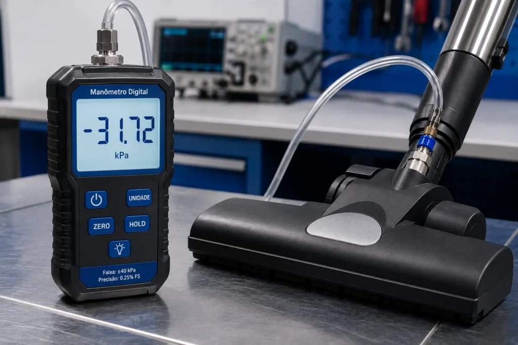 Teste mecânico real com um manômetro digital conectado ao bocal do aspirador para medir a pressão exata do vácuo.