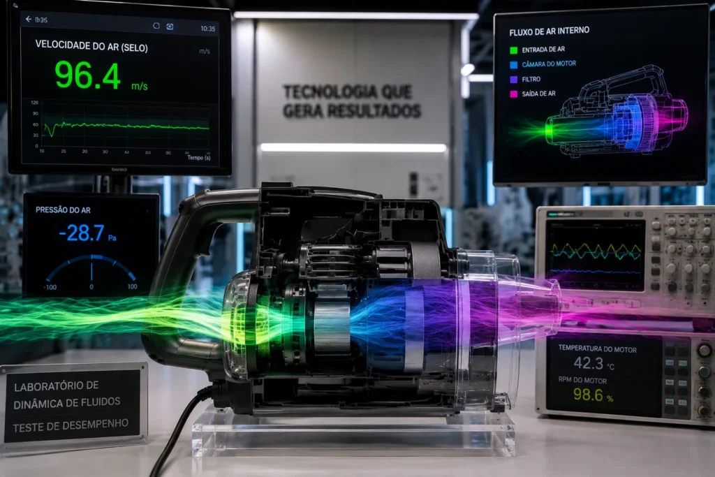 Teste técnico real mostrando o fluxo de ar em um motor de aspirador usando fumaça laser colorida para destacar a vedação.