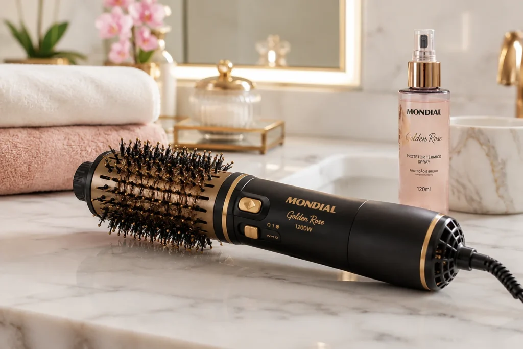 Escova Secadora Mondial linha Golden Rose posicionada sobre uma bancada de mármore com acessórios de beleza ao fundo.