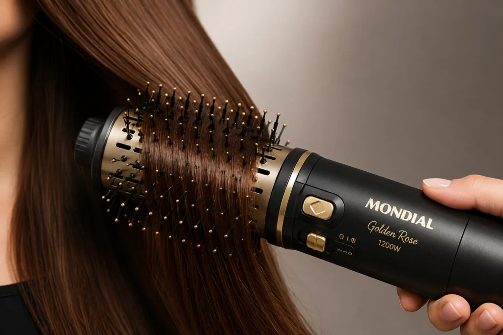 Detalhe das cerdas mistas de uma escova Mondial em contato com uma mecha de cabelo brilhante. Escova secadora mondial vale a pena