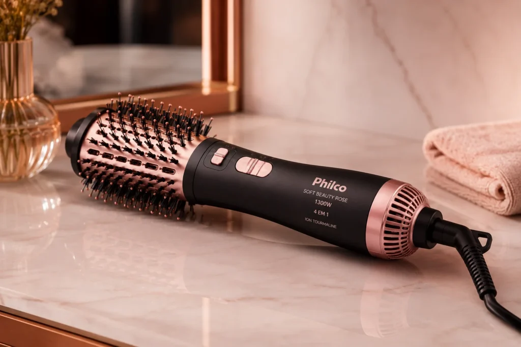 Close-up da escova Philco Soft Beauty Rose em tons de rosa e preto evidenciando o design premium.