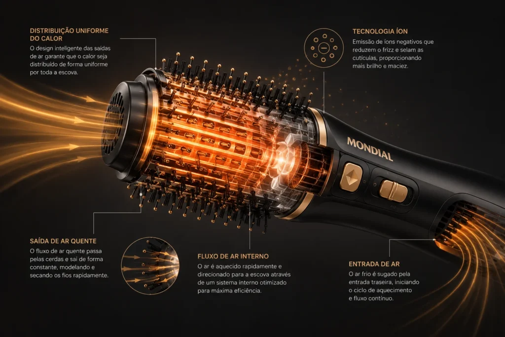Ilustração técnica demonstrando a saída de ar multidirecional das cerdas da escova Philco agindo no fio de cabelo.