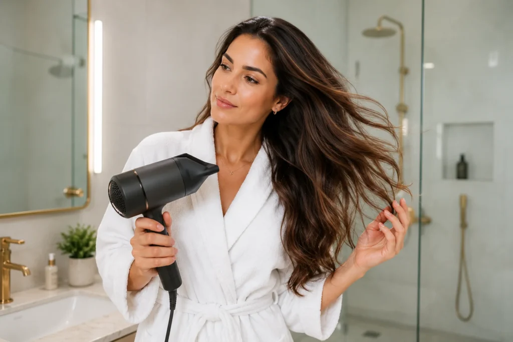 Mulher sorridente em um banheiro moderno finalizando o cabelo com um secador de alta potência de 2000W.