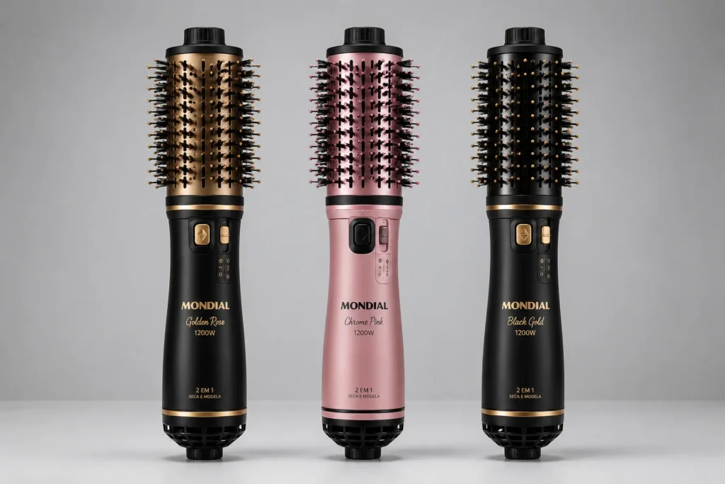 Comparativo visual de três modelos de escovas Mondial (Golden Rose, Chrome e Black Gold) lado a lado.