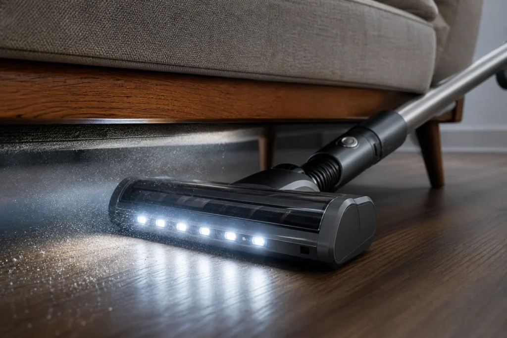 Aspirador vertical articulado limpando embaixo de um sofá moderno com luzes LED integradas.