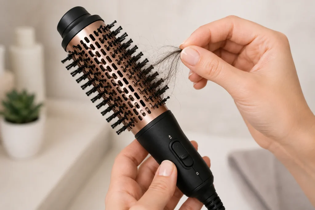 Pessoa removendo fios de cabelo das cerdas de uma escova secadora para limpeza.