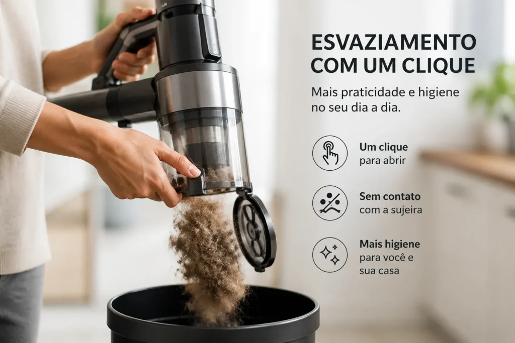 Pessoa esvaziando o reservatório de um aspirador pet diretamente no lixo com um clique, sem tocar na sujeira.